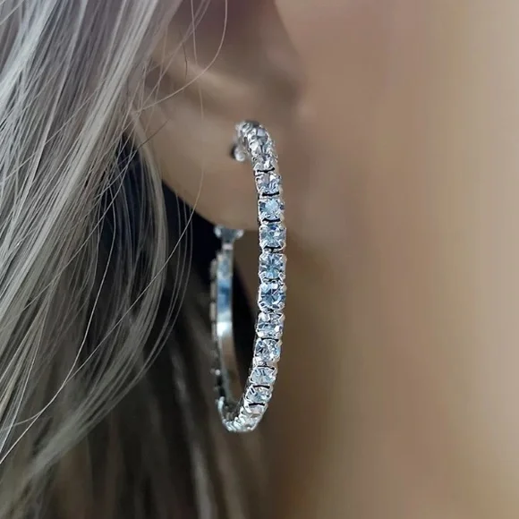 Platinum plated Rhinestone hoop earrings - Picture 1 of 4